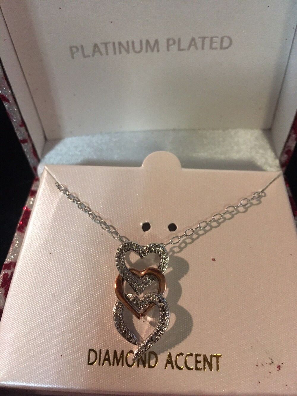 Diamond Three Heart Accent Necklace 18 inch Platinum Plated Adjustable Chain